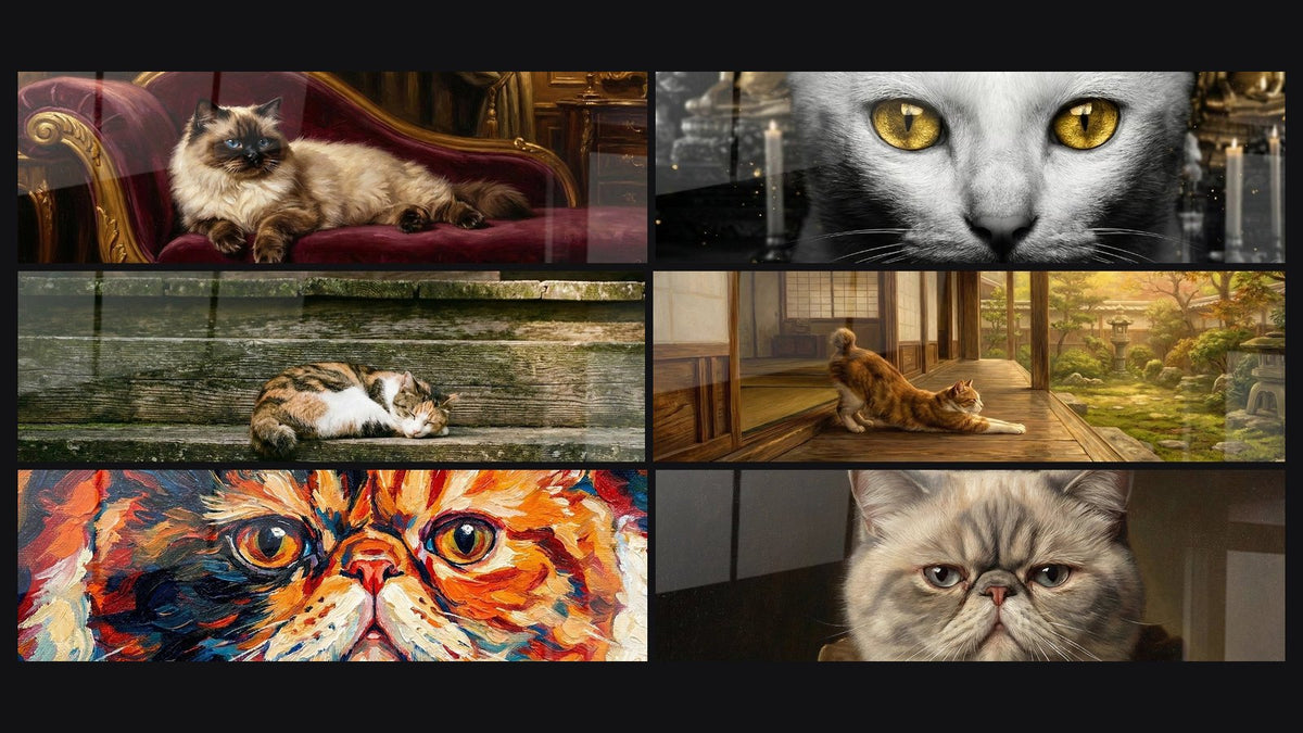 Mosaik aus sechs Gemälden, darunter Himalaya-Katze auf viktorianischem Sofa und Schlafende Katze auf Holztreppe