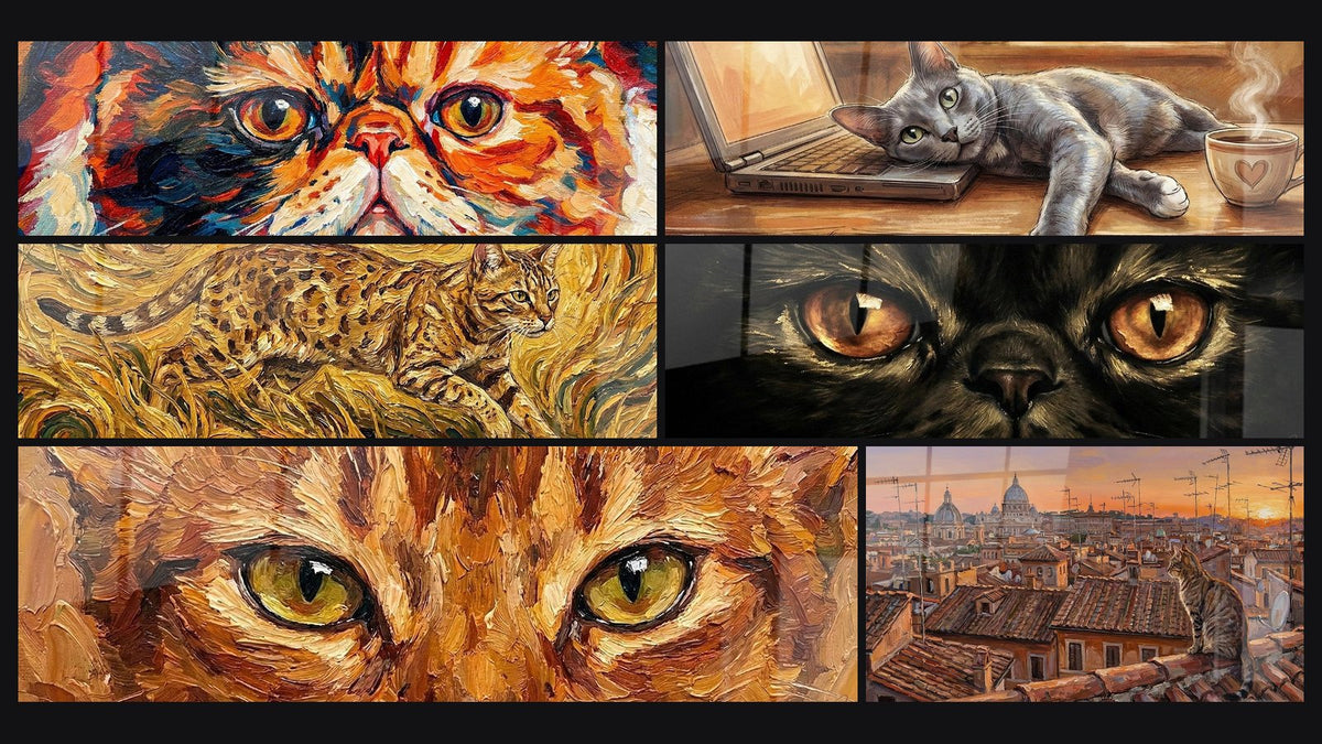 Mosaico de seis cuadros, entre ellos Gato Expresionista, Gato Korat en la Oficina y Gato Ocicat Impresionista