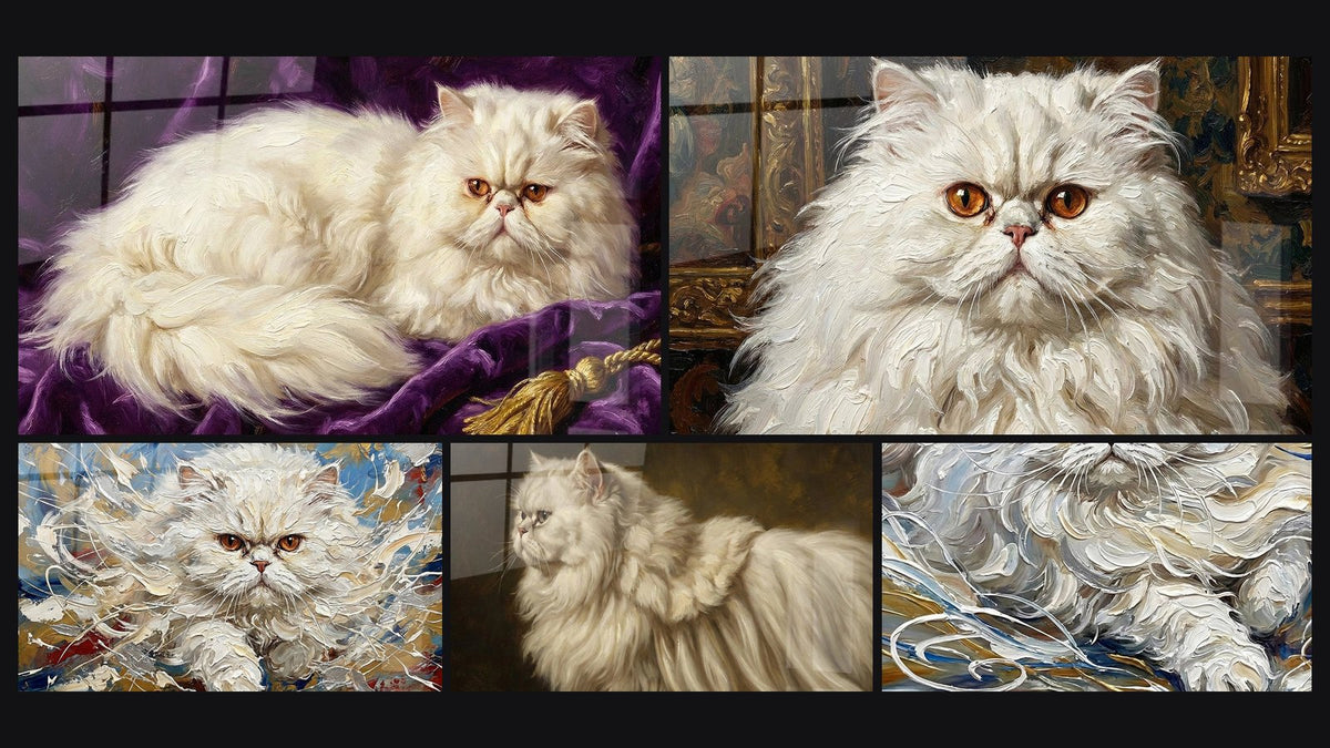 Mosaic of five paintings, including White Persian Cat on Purple Velvet and White Persian Cat with Golden Eyes