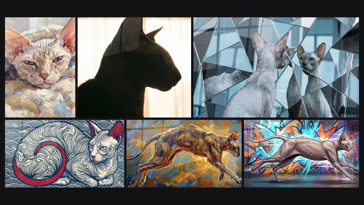 Mosaic of six paintings, including Peterbald Cat Expressionist, Window Silhouette Cat and Resting Cat Expressionist