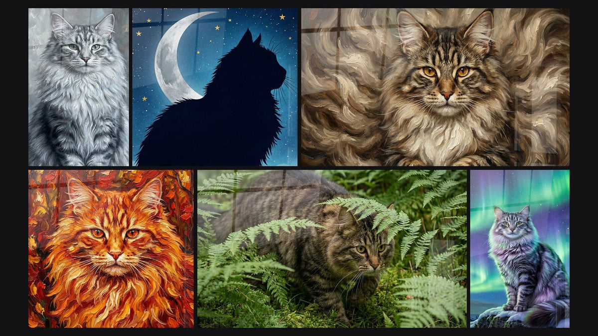 Mosaik aus sechs Gemälden, darunter Norwegische Waldkatze, Katze nächtliche Silhouette und Rote Herbstkatze