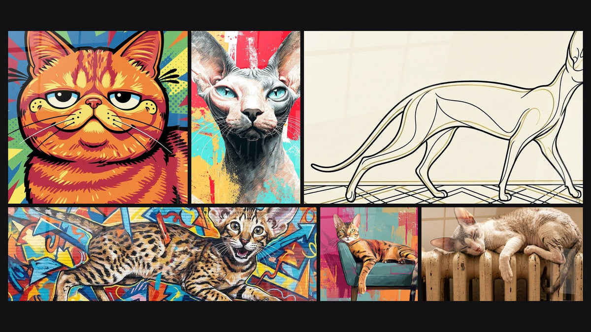 Mosaic of six paintings, including Pop Art Colorful Cat, Sphynx Cat Pop and Toyger Cat on Vintage Armchair