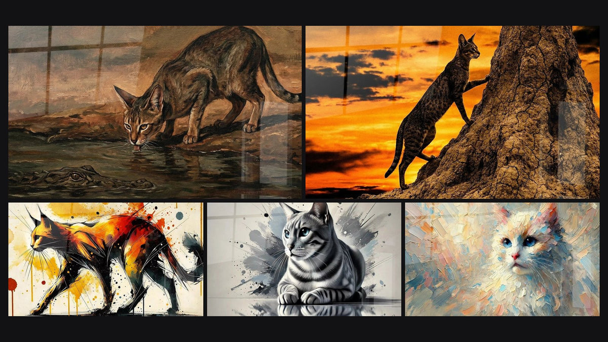 Mosaïque de cinq tableaux, dont Chat Chausie buvant près d'un crocodile, Chat Chausie Coucher de Soleil et Marche en Couleurs