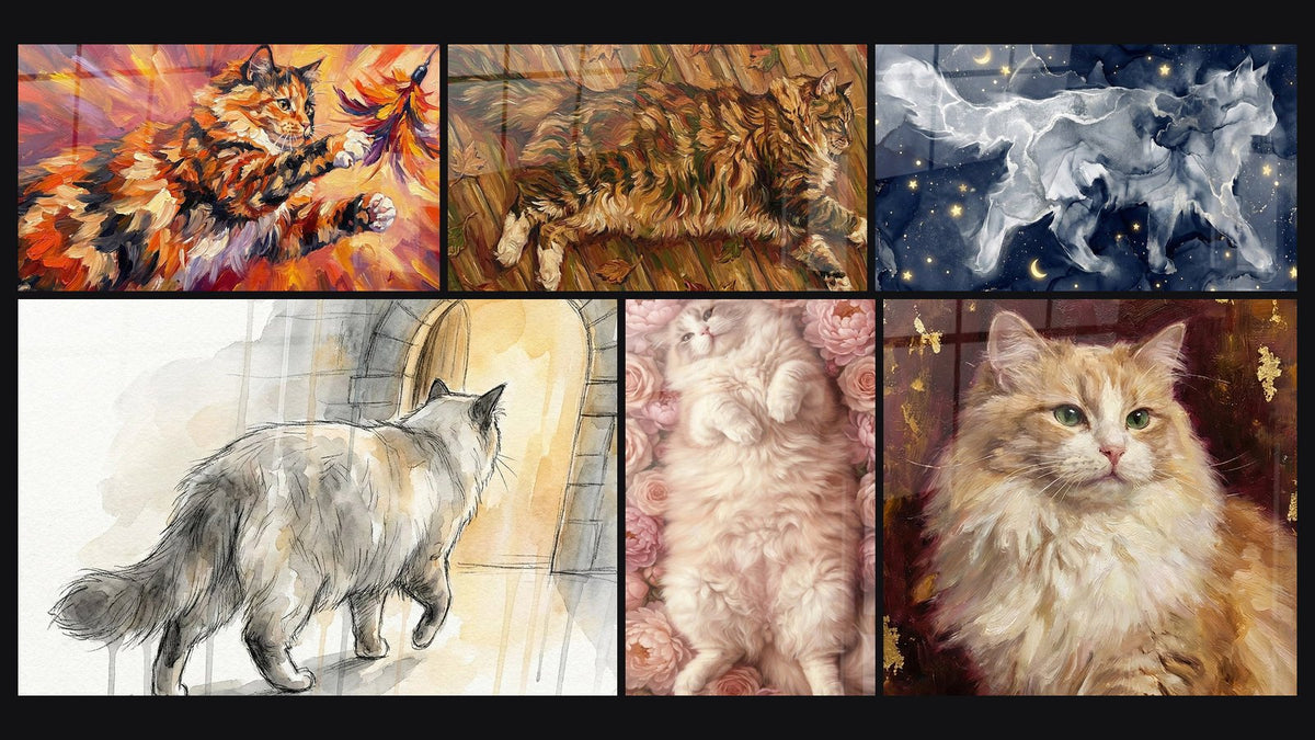 Mosaïque de six tableaux, dont Chat Ragamuffin Expressionniste et Chat Ragamuffin Aquarelle