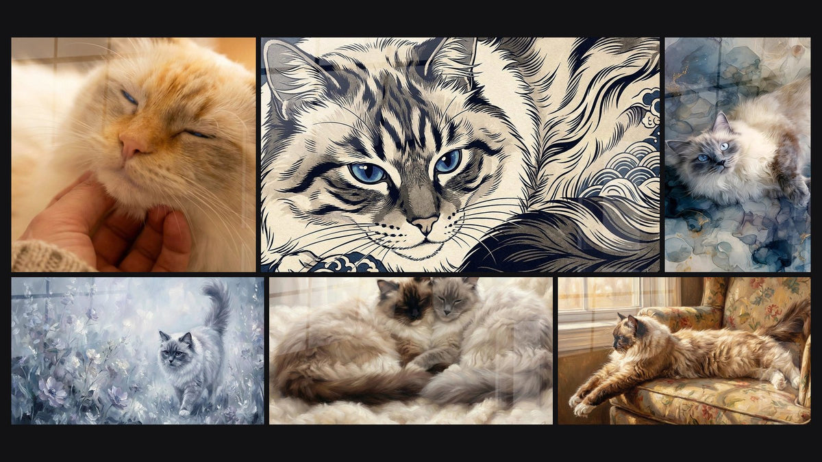 Mosaik aus sechs Gemälden, darunter Ragdoll-Katze im blühenden Garten und Ragdoll-Katze mit blauen Augen