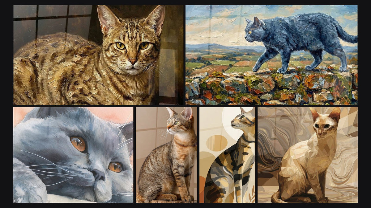 Mosaico de seis cuadros, entre ellos Gato Ocicat Retrato Realista y Gato Chartreuse Acuarela