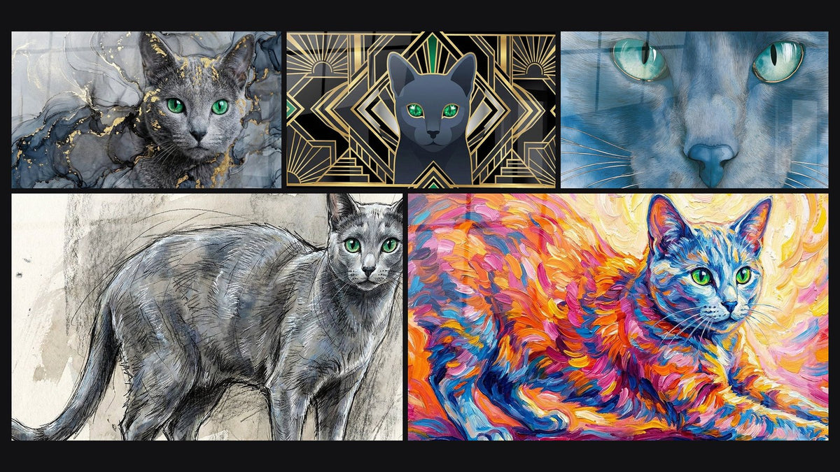 Mosaico di cinque quadri, tra cui Chat Gatto Russian Blue Occhi Verdi e Chat Gatto Russian Blue