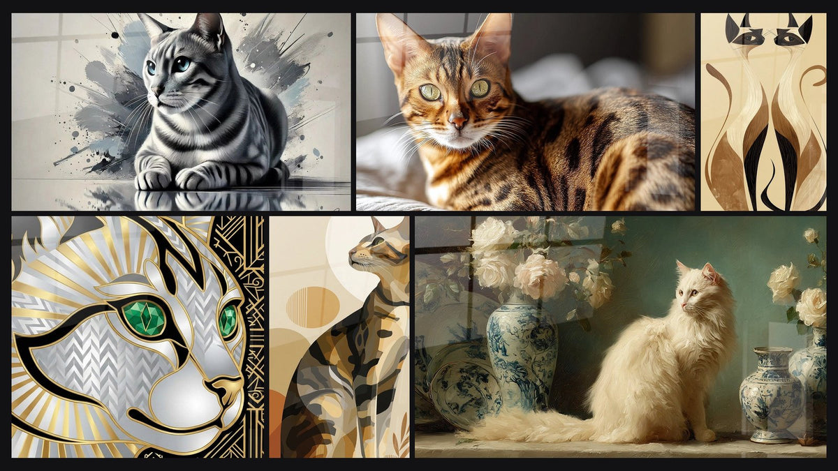 Mosaico de seis cuadros, entre ellos Reflejo Plateado, Gato Bengal Acostado y Gato Art Deco Lujoso