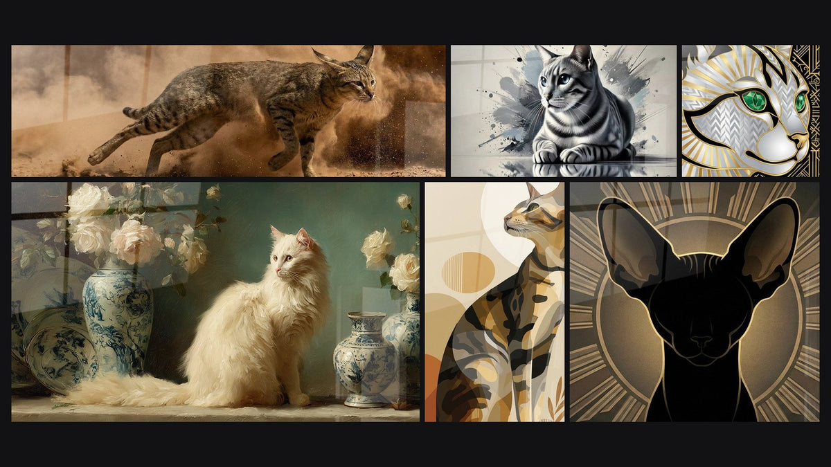 Mosaïque de six tableaux, dont Chat Chausie en Action, Chat Blanc aux Porcelaines Bleues et Reflet Argenté