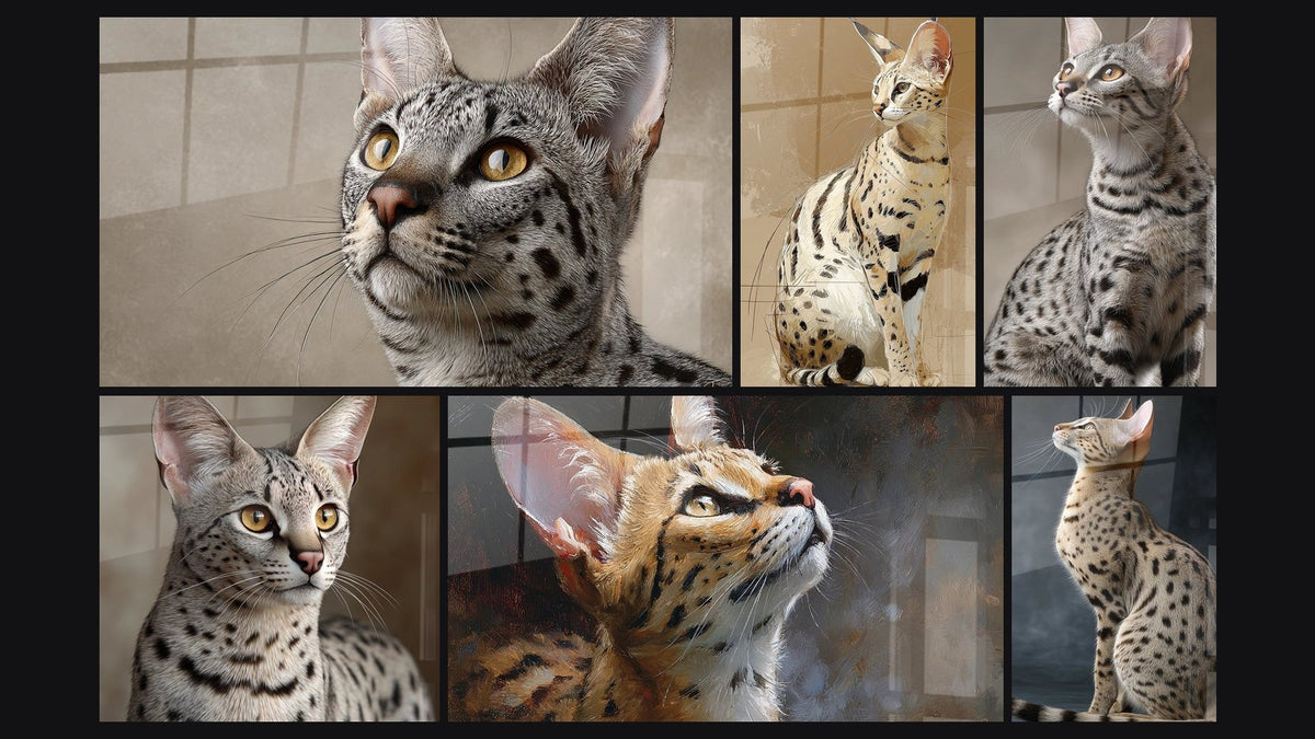 Mosaik aus sechs Gemälden, darunter Savannah Katze Goldenes Porträt und Savannah-Katze Blick nach Oben