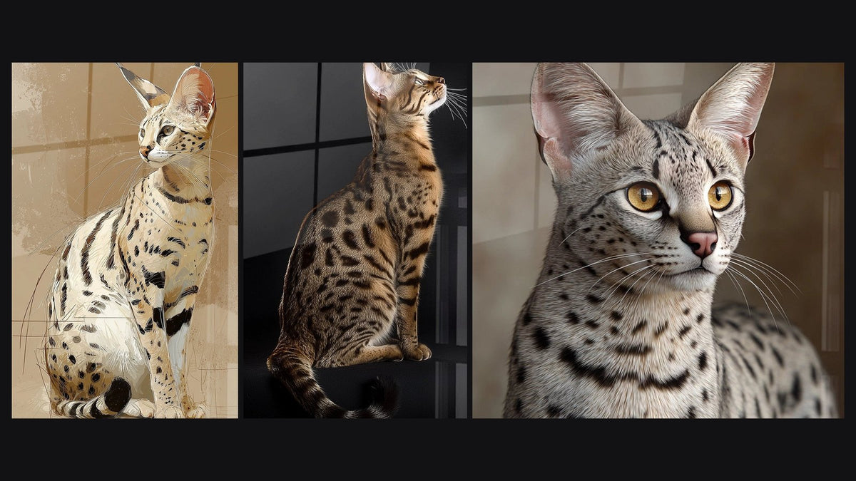 Mosaik aus drei Gemälden, darunter Savannah Katze Goldenes Porträt