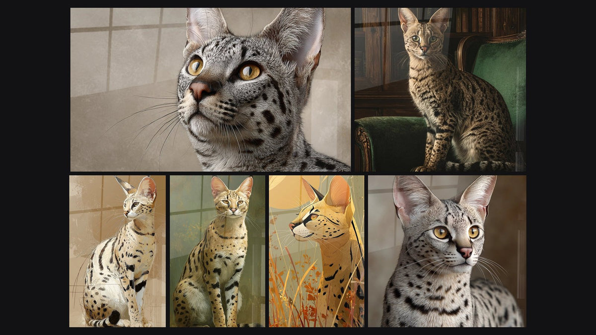 Mosaic of six paintings, including Majestic Savannah Cat, Savannah Cat Sitting and Elegant Savannah Cat