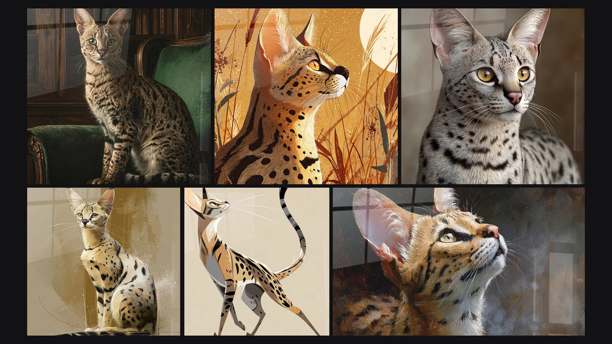 Mosaïque de six tableaux, dont Chat Savannah dans Salon Victorien et Chat Savannah Assis
