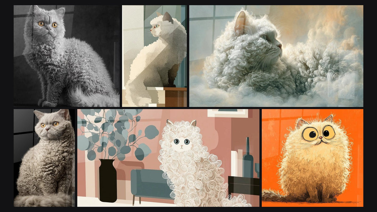 Mosaïque de six tableaux, dont Chat Selkirk Rex aux yeux dorés, Chat Selkirk Rex Élégant et Chat Selkirk Rex à la Fenêtre