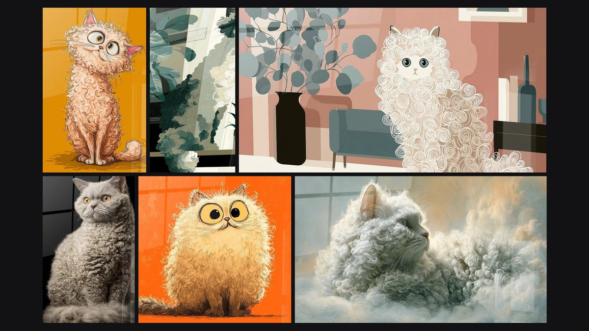 Mosaïque de six tableaux, dont Chat Selkirk Rex Bouclé, Chat Selkirk Rex Élégant et Chaton Selkirk Rex Duveteux