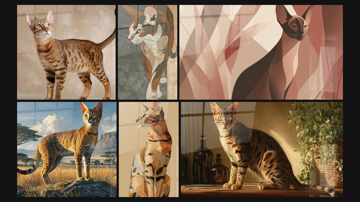 Mosaïque de six tableaux, dont Chat Serengeti Portrait, Chat Serengeti Savane Africaine et Chat Serengeti Polygonal