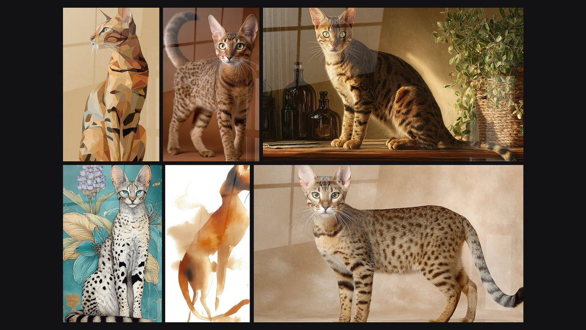 Mosaïque de six tableaux, dont Chat Serengeti Polygonal, Chat Serengeti en Mouvement et Chat Serengeti aux Fleurs Tropicales