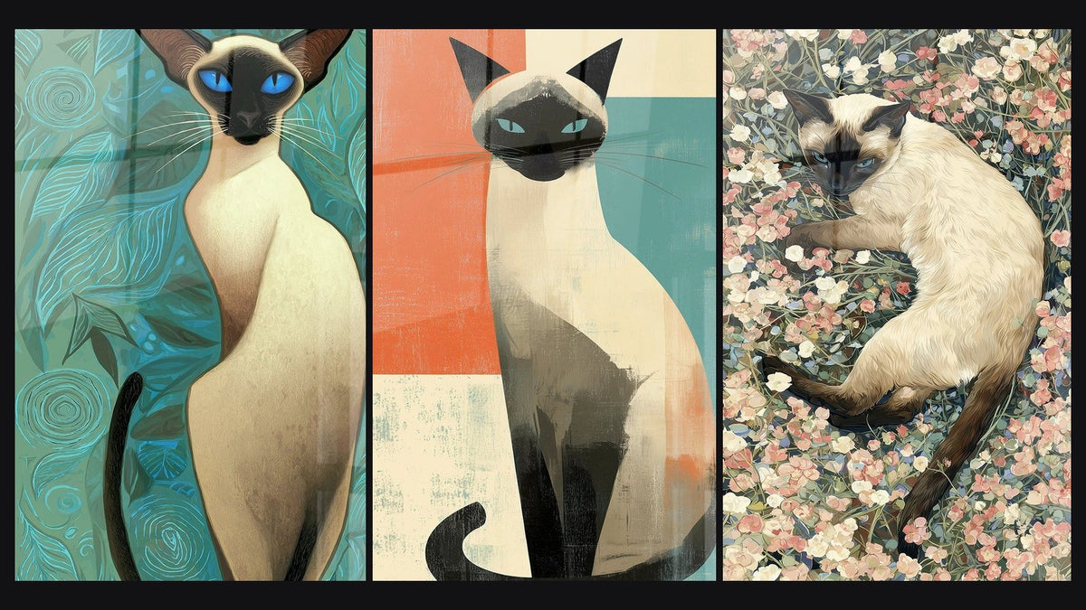 Mosaïque de trois tableaux : Chat Siamois aux Yeux Bleus, Chat Siamois Géométrique et Chat Siamois dans un Jardin Fleuri