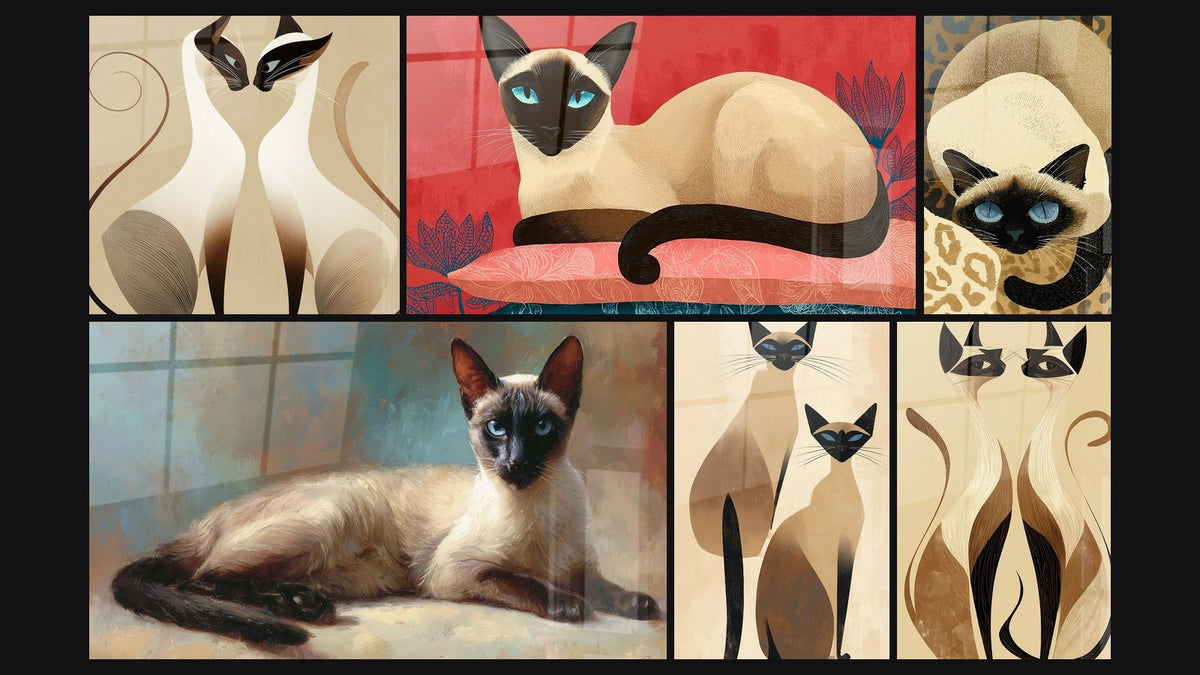 Mosaïque de six tableaux, dont Chats Siamois Stylisés, Chat Siamois Allongé et Chat Siamois Élégant