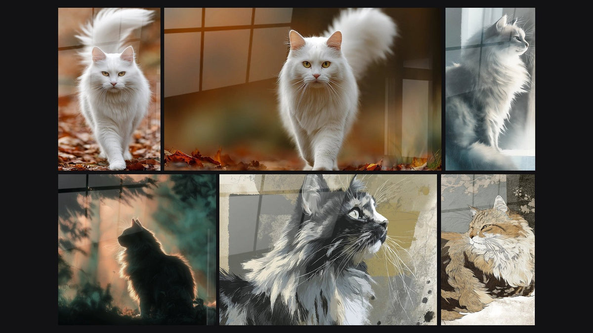 Mosaïque de six tableaux, dont Chat Sibérien Blanc en Mouvement et Chat Sibérien Silhouette Dorée