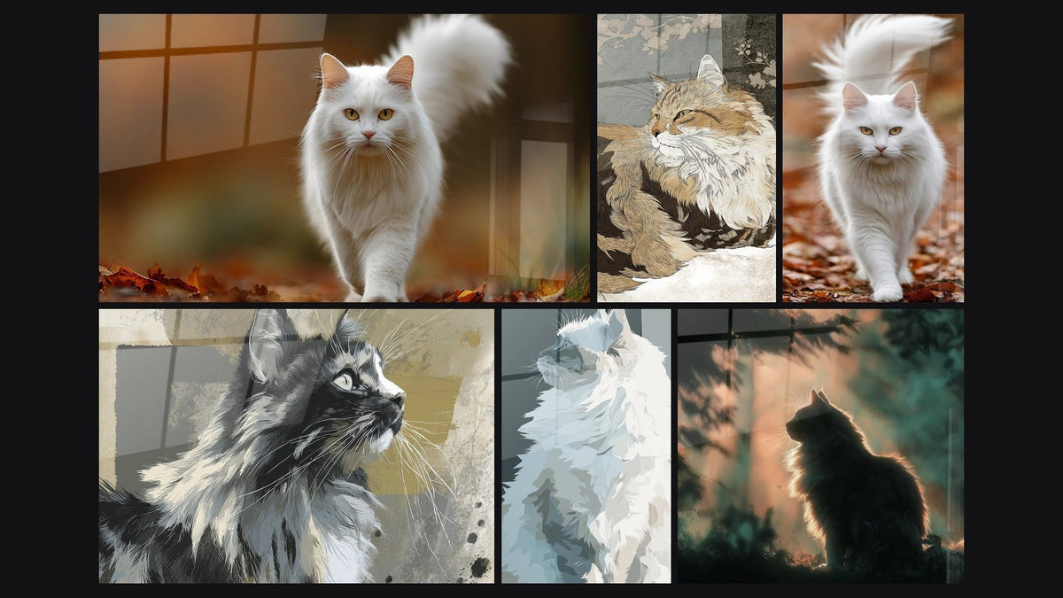 Mosaïque de six tableaux, dont Chat Sibérien Blanc dans Paysage Automnal et Chat Sibérien Regard Contemplatif