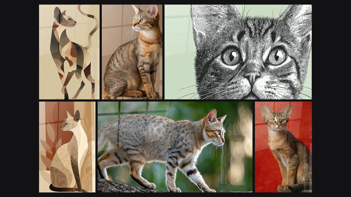 Mosaïque de six tableaux, dont Chat Géométrique, Chat Siamois Géométrique et Chat Sokoke Assis