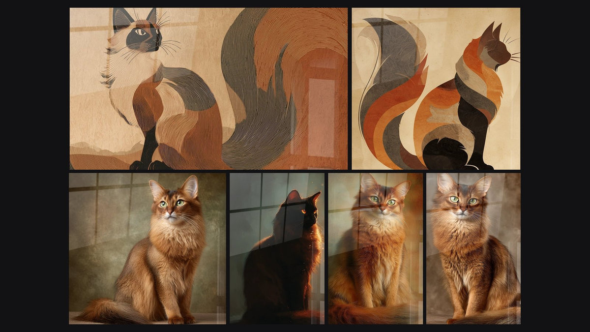 Mosaïque de six tableaux, dont Chat Somali Stylisé, Chat Somali Roux Assis et Chat stylisé abstrait