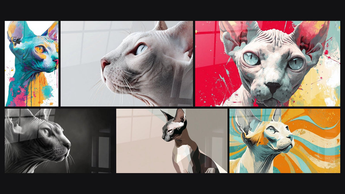 Mosaïque de six tableaux, dont Chat Sphynx Multicolore, Chat Sphynx Profil et Chat Sphynx Portrait Regard Bleu