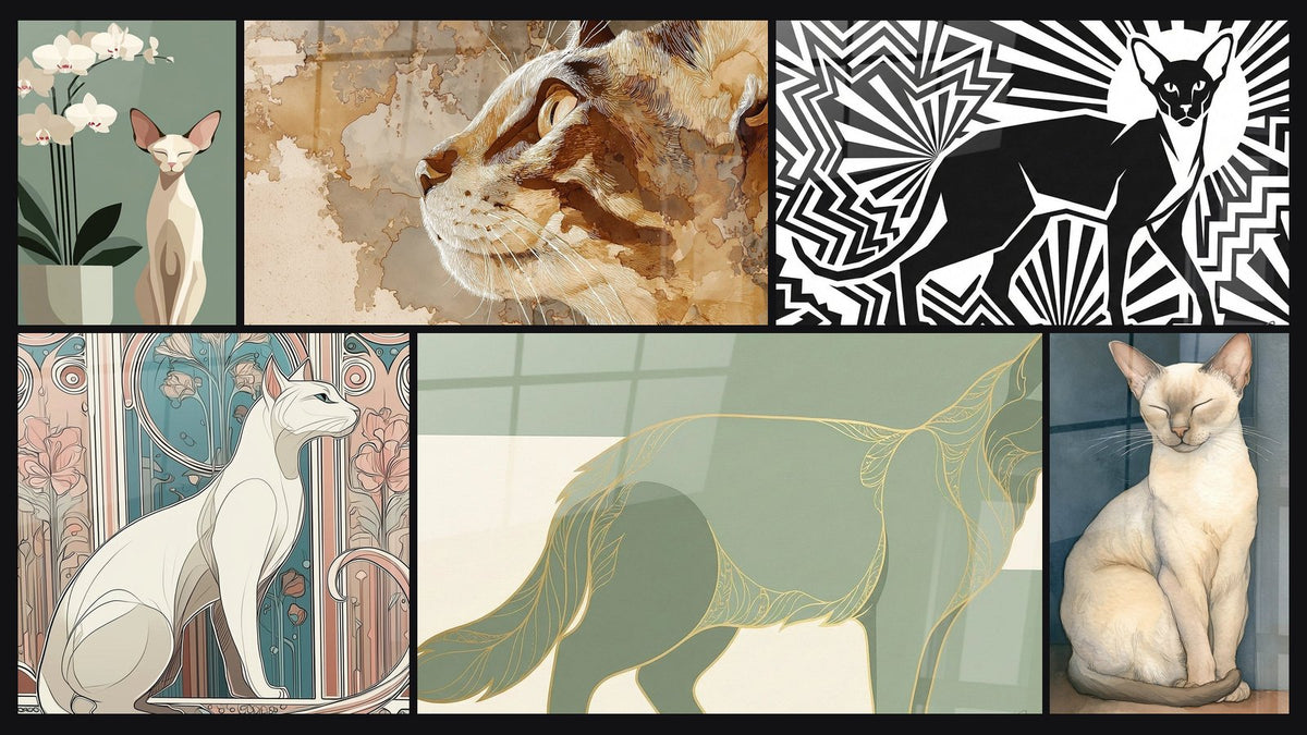 Mosaico di sei quadri, tra cui Gatto Sphynx e Orchidee, Gatto Art Nouveau e Gatto dai toni dorati