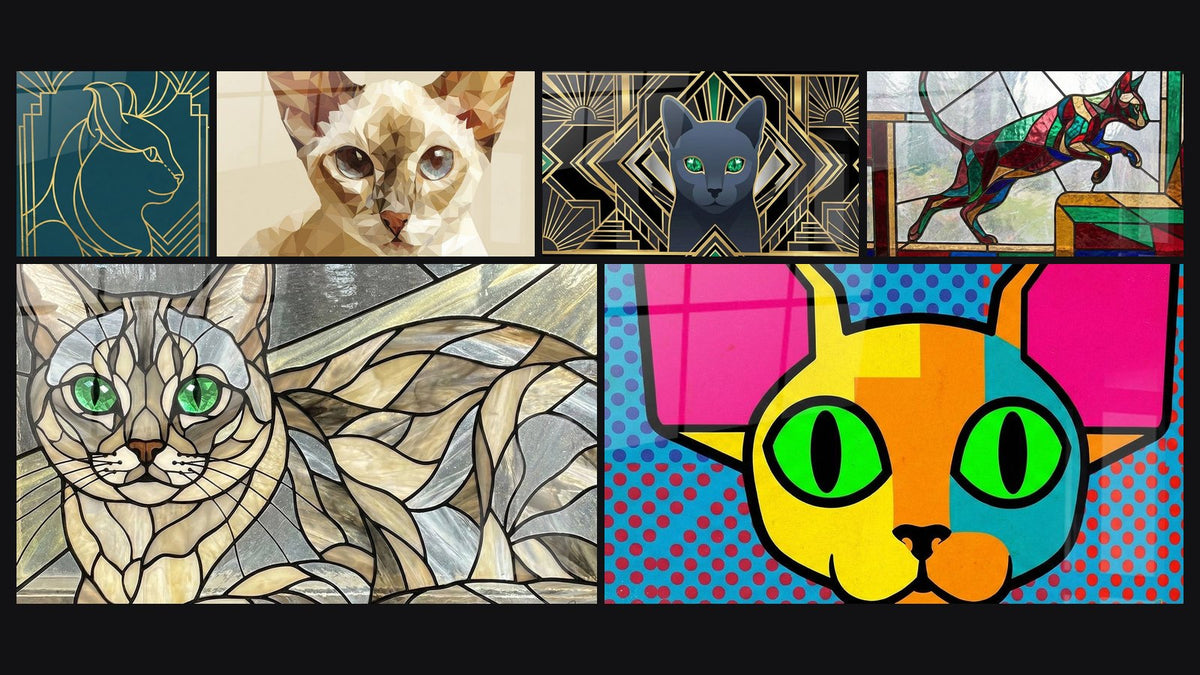 Mosaïque de six tableaux, dont Chat Art Déco Doré, Chat Polygonal aux Yeux Bleus et Chat Russian Blue Art Déco