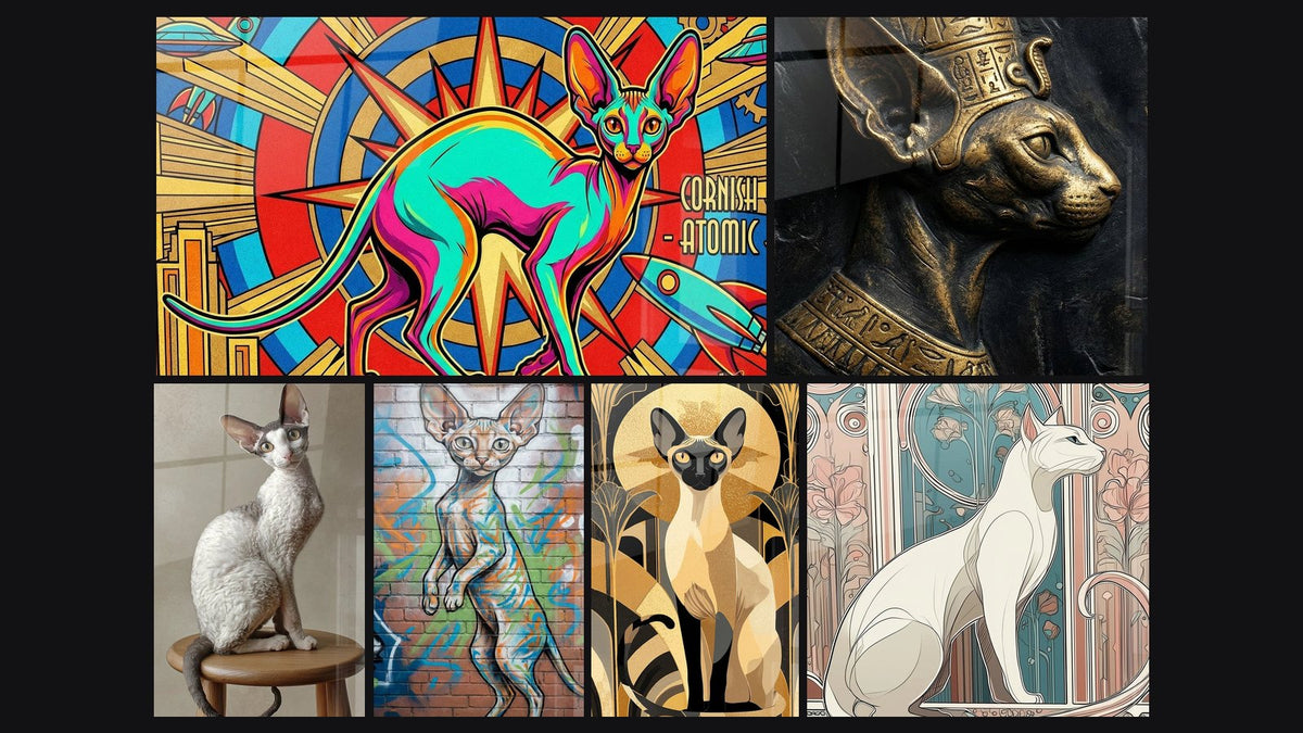 Mosaik aus sechs Gemälden, darunter Cornish Rex Katze Atomar, Cornish Rex Katze auf Hocker und Cornish Rex Katze Graffiti