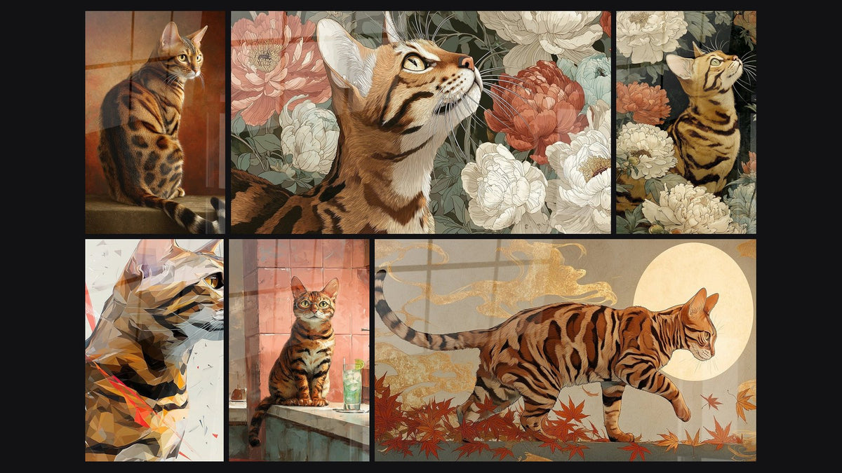 Mozaïek van zes schilderijen, waaronder Kat Toyger Zittend, Toyger Kat met Pioenen en Kat Toyger Geometrisch