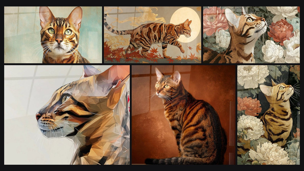 Mosaïque de six tableaux, dont Chat Toyger Portrait Réaliste, Chat Toyger Polygonal et Chat Toyger Assis