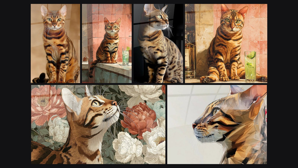 Mosaïque de six tableaux, dont Chat Toyger Assis, Chat Toyger dans Salle de Bain et Chat Toyger Portrait Majestueux