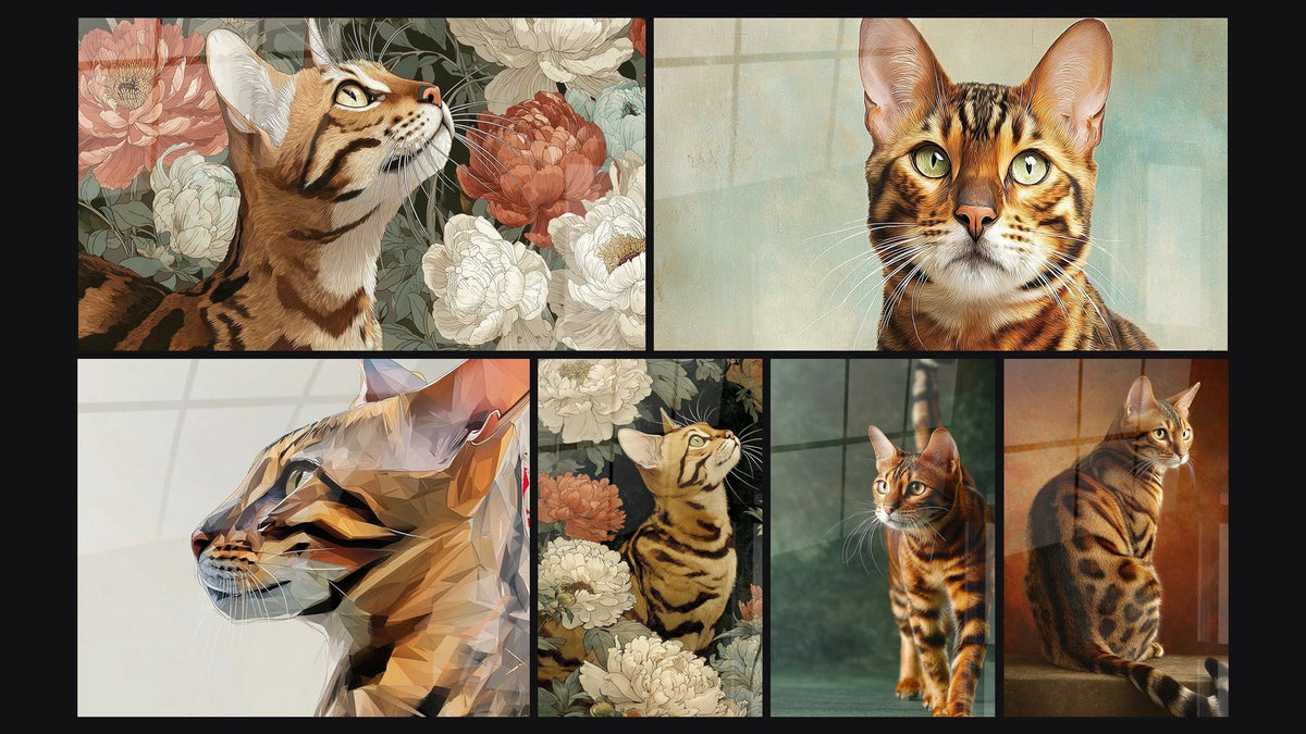Mosaïque de six tableaux, dont Chat Toyger aux Pivoines, Chat Toyger Portrait Réaliste et Chat Toyger Polygonal