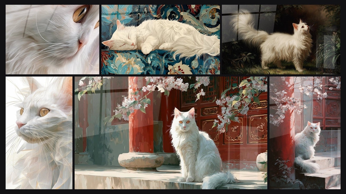 Mosaik aus sechs Gemälden, darunter Porträt Weiße Katze mit Goldenen Augen und Weiße Turkish Angora Katze