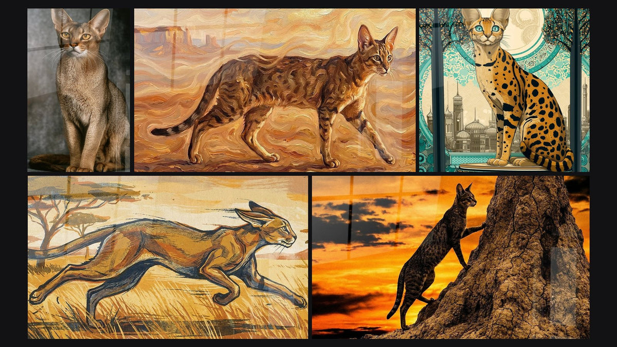 Mosaïque de cinq tableaux, dont Chat Chausie Portrait, Chat Chausie dans le Désert et Chat Chausie Orientaliste