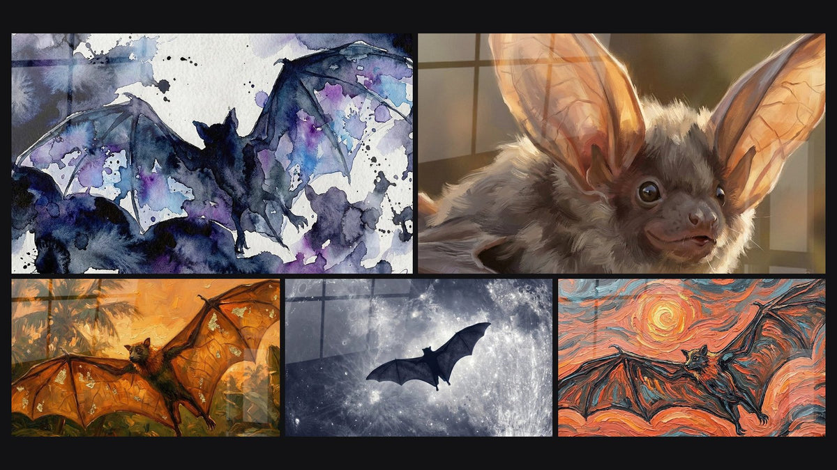 Mosaic of five paintings, including Bat Silhouette on Silver Moon