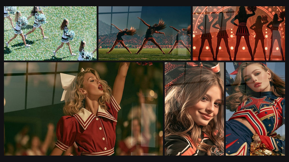 Mosaïque de six tableaux, dont Pom-pom girls vert et blanc sur terrain et Pom-pom girls vert et orangé sur stade