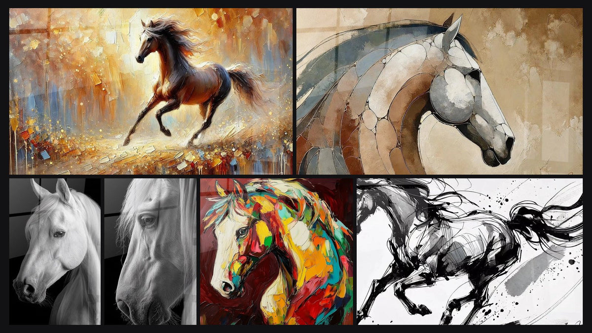 Mosaïque de six tableaux, dont Galop vers la Lumière, Cheval Blanc et Cheval Blanc Portrait