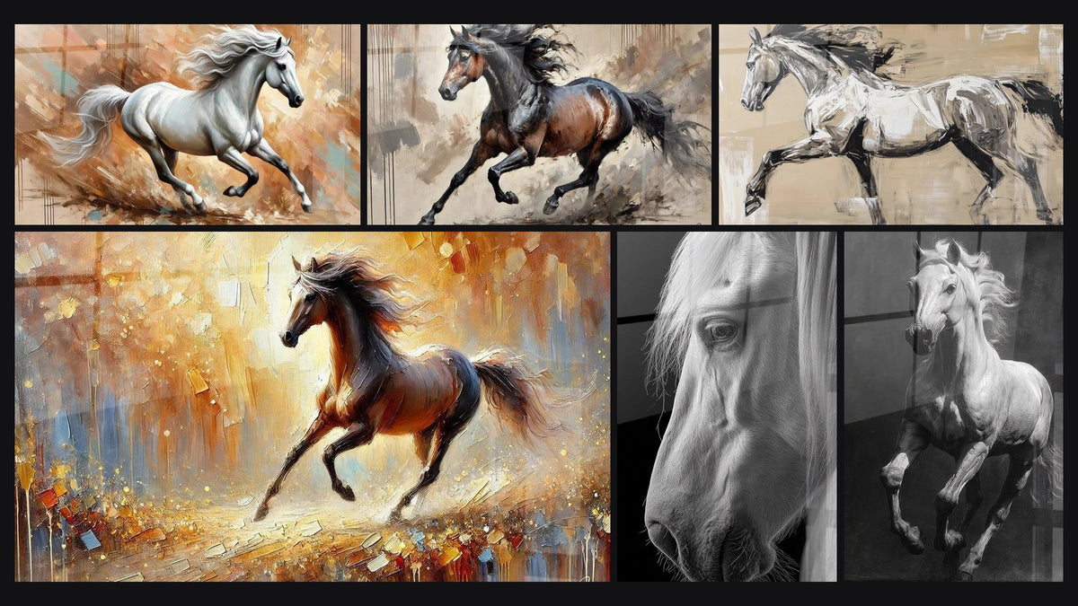 Mosaic of six paintings, including The Free Spirit, Gallop Grace and Gallop Toward the Light