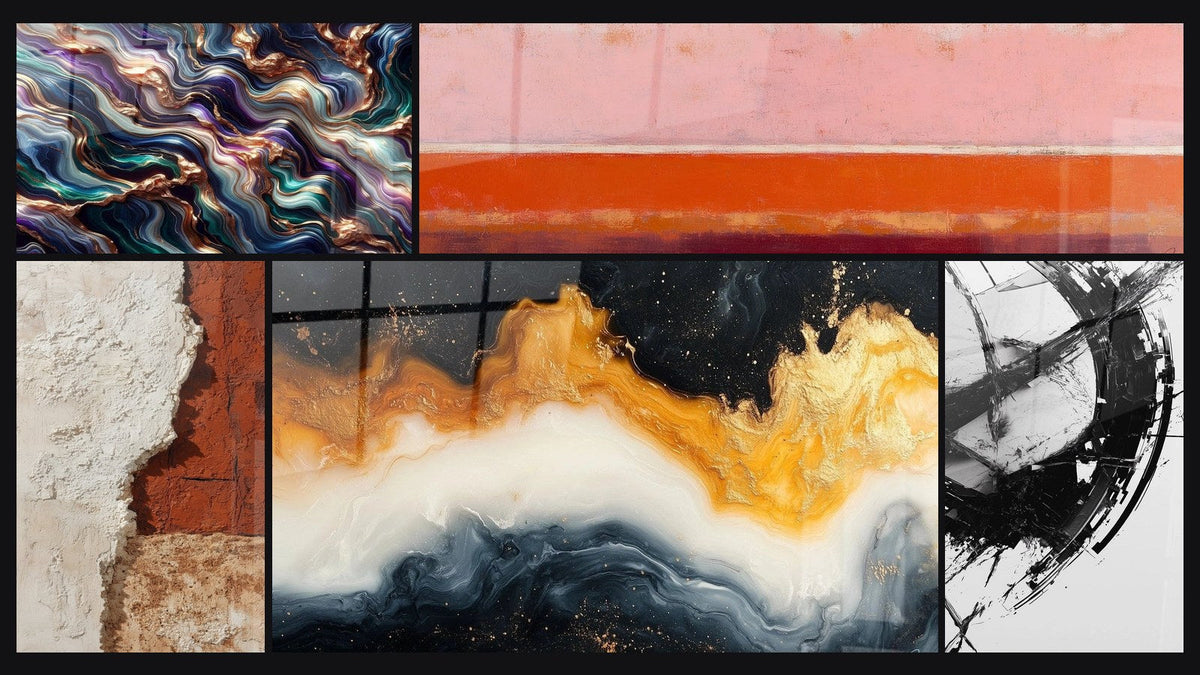 Mosaïque de cinq tableaux, dont Sérénade Minérale, Marée Éternelle Dorée et La Brisure du Temps