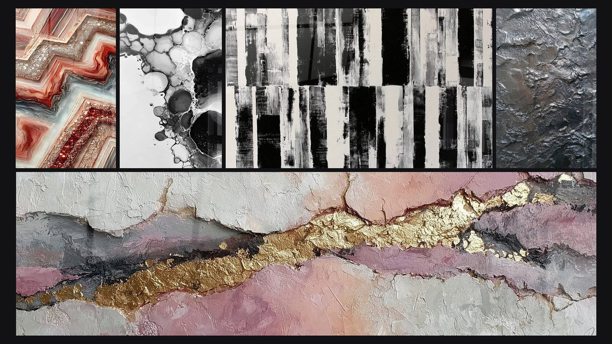 Mosaico di cinque quadri, tra cui Fusione Geometrica e Bolle astratte