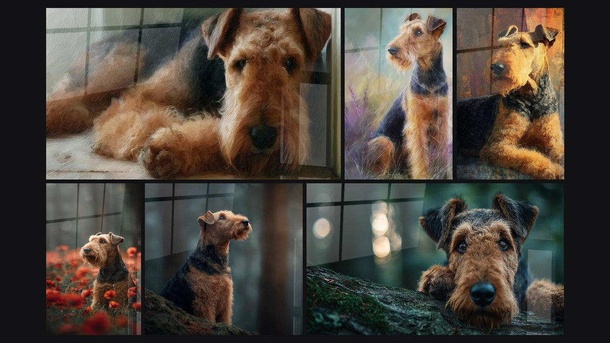 Mosaico di sei quadri, tra cui Cane Terrier Sdraiato in Tonalità Calde e Cane Terrier con Sguardo Contemplativo