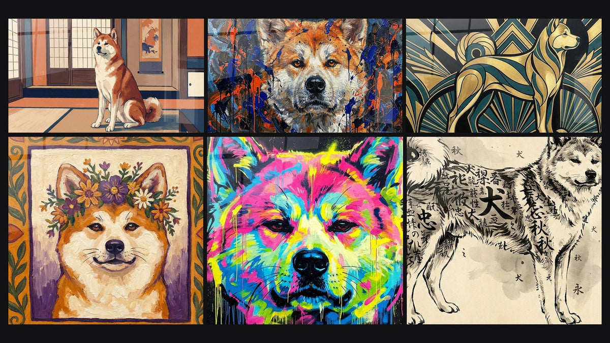 Mosaïque de six tableaux, dont Chien aux Couleurs Éclatantes et Chien Stylisé Art Déco Doré et Turquoise