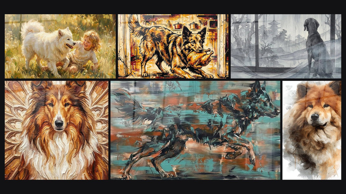 Mosaic of six paintings, including Child and White Dog in Golden Prairie and Dog Sitting in the Rain Watercolor Gray