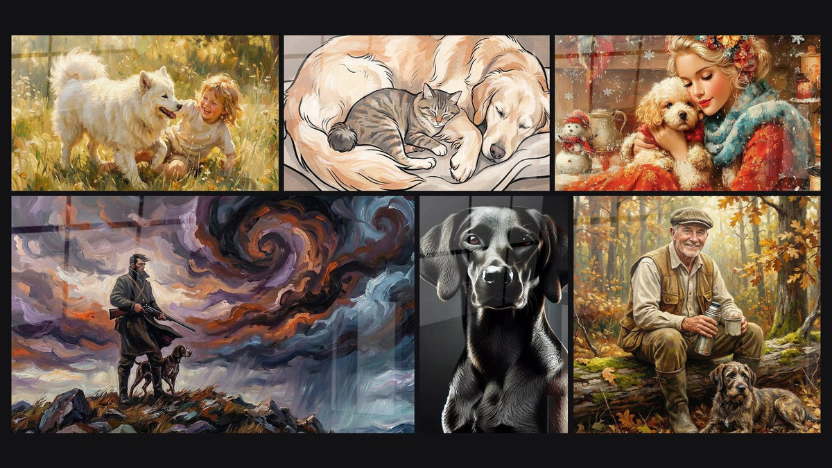 Mosaik aus sechs Gemälden, darunter Jäger und Hund, Katze und Hund Schlafend und Ebony Light