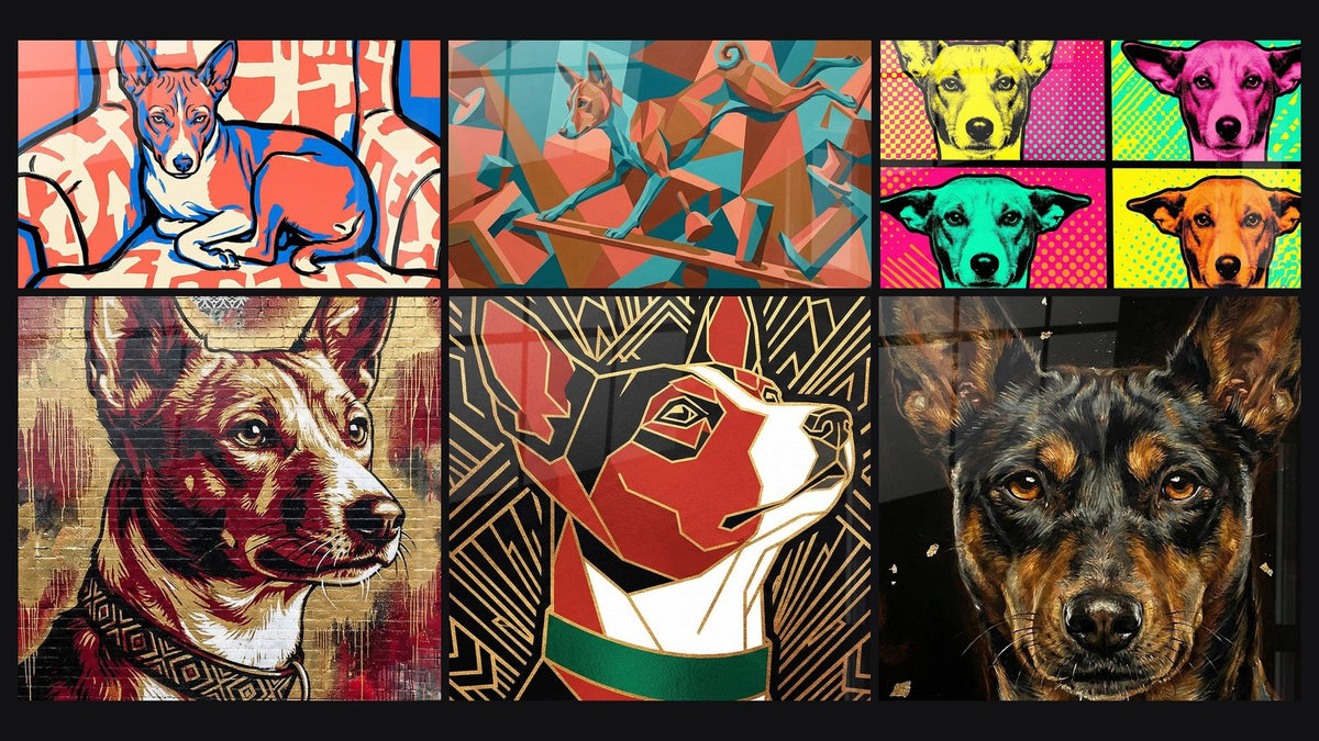 Mosaïque de six tableaux, dont Chien Rouge et Blanc Motifs Art Déco et Chien aux Yeux Ambrés sur Fond Noir