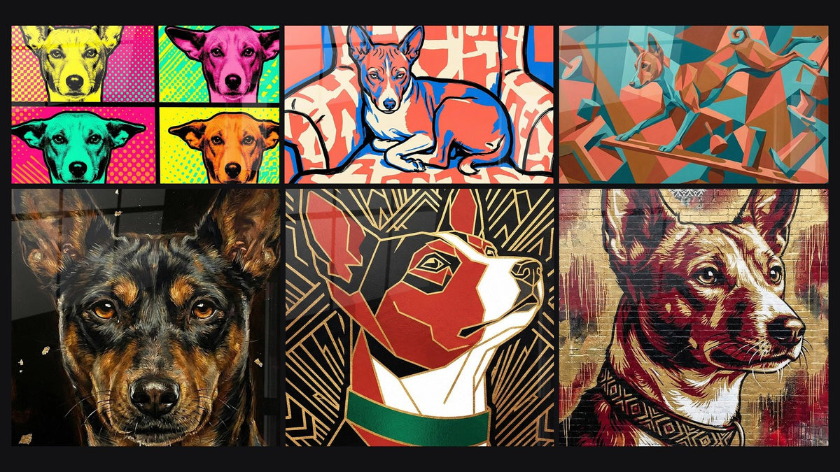 Mosaico de seis cuadros, entre ellos Cuatro Retratos de Perros Coloridos y Perro Basenji Geométrico Coral y Turquesa