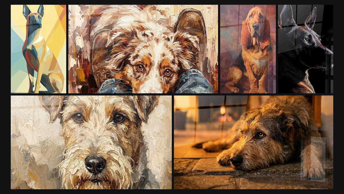 Mosaïque de six tableaux, dont Chien Assis Géométrique aux Tons Chauds et Chien aux Tons Chauds Couché